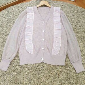 Blush Pink Ruffle Trim Flower Button Knit Cardigan